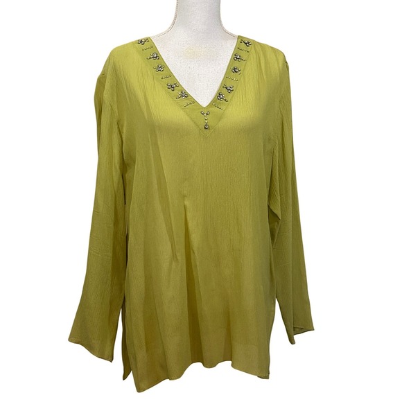 Chico's Tops - Chicos 100% Silk Beaded V-Neck Tunic Top Chartreuse  3 XL, resort, vacation